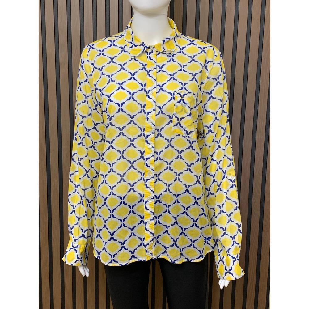 Talbots Women's 14 Cotton Button Down Shirt Yellow Blue Geometric Long Sleeve
